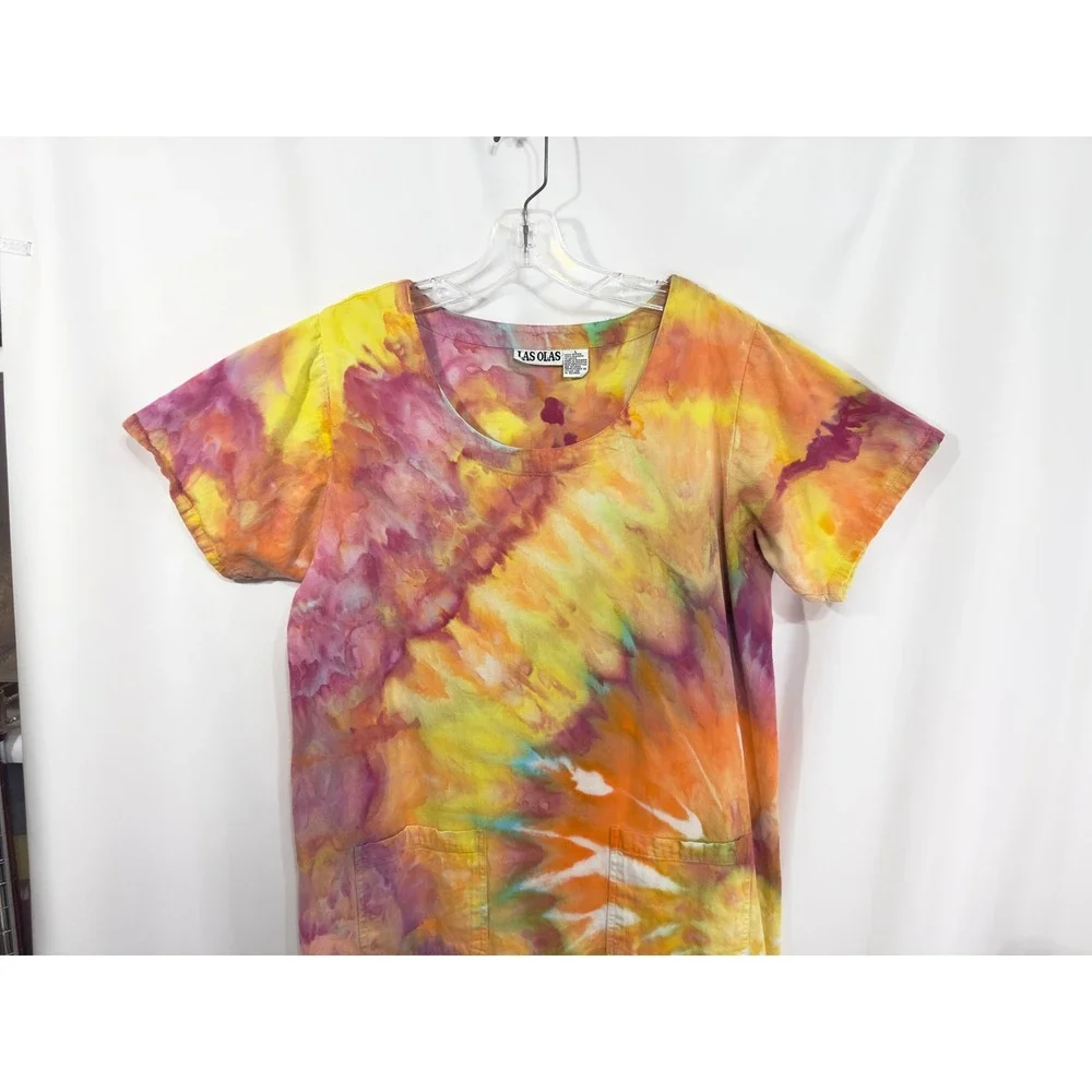 Las Olas Large Dress Handmade Tie‎ Dye Fringe Hem Short Sleeve Shift Knee249